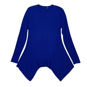 S 100% Cashmere Ribbed Sharkbite Hem Sweater Royal Blue Long Sleeve Crew Neck